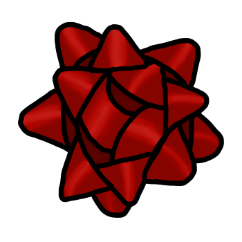 a red star gift bow. the bow has shiny bits that look blurred and reflective